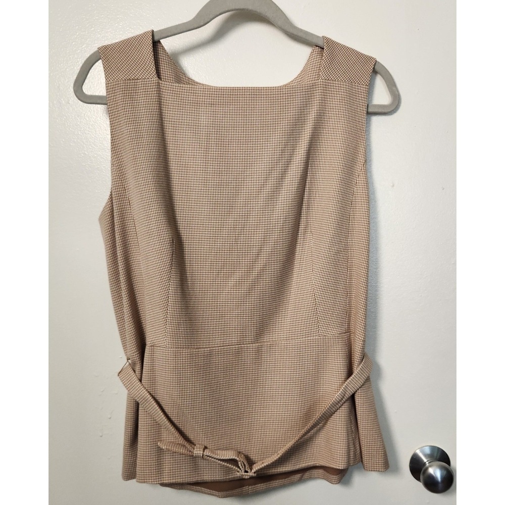 Ann Taylor Women's Sz 12 Beige Herringbone Sleeveless Top Back Zip Belt Lined